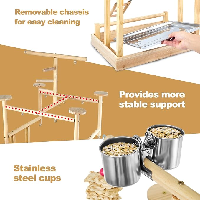 Bird Playground - Natural Wood Parrot Playstand with Perches, Bird Play Gym &amp; Accessories, Removable Tray &amp; 4 Stainless Steel Cups
