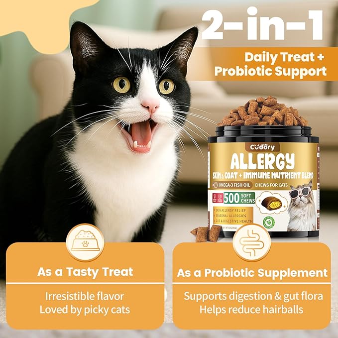 Cat Allergy Relief for Cats, Crunchy &amp; Creamy Chews for Immune &amp; Skin Coat Support – Seasonal Allergies, Itching Relief, Omega 3 &amp; Probiotic Natural Supplement for Cats, Chicken Flavor – 500 Chews