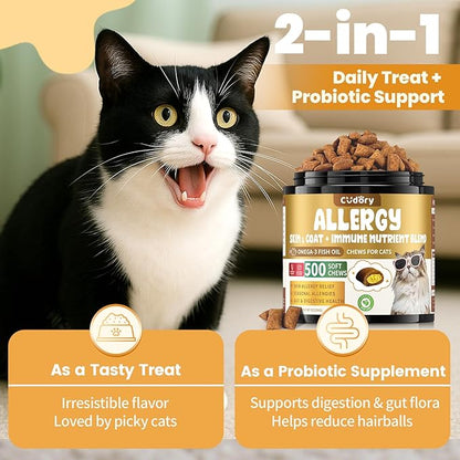 Cat Allergy Relief for Cats, Crunchy &amp; Creamy Chews for Immune &amp; Skin Coat Support – Seasonal Allergies, Itching Relief, Omega 3 &amp; Probiotic Natural Supplement for Cats, Chicken Flavor – 500 Chews