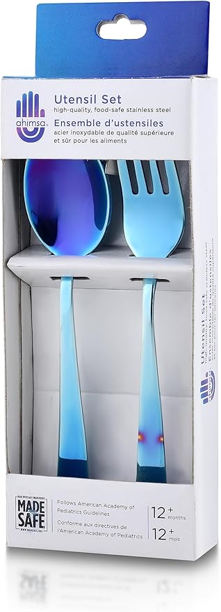 Ahimsa Stainless Steel Kids Utensils - Kids Fork and Spoon Set, Pediatrician Designed Toddler Utensils, 100% BPA Free &amp; Dishwasher Safe (Iridescent Blue)