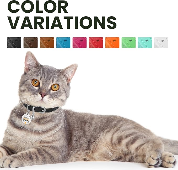 BRONZEDOG Leather Cat Collar with Removable Bells Non Breakaway Kitten QR Tag for Girl Boy (7" - 9" for Cats, Black &amp; Silver)