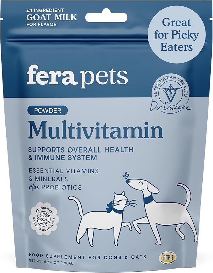 Fera Pets Goat Milk Topper - Multivitamin for Dogs &amp; Cats with Probiotics - Supports Overall Health, Gut Health, and Immune System - for Picky Eaters - 60 TSP