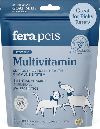 Fera Pets Goat Milk Topper - Multivitamin for Dogs &amp; Cats with Probiotics - Supports Overall Health, Gut Health, and Immune System - for Picky Eaters - 60 TSP