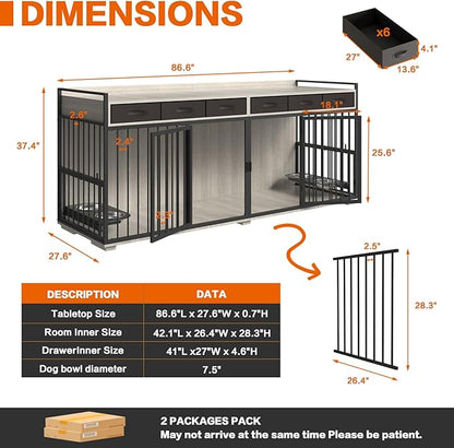 86.6inch Dog Crate Furniture with Storage,Furniture Style TV Stand Dog Kennel for 2 Dogs,with 6 Drawers,Removable Divider&amp;Adjustable Bowls,Heavy Duty Metal Chew-Resistant Dog Crate Furniture