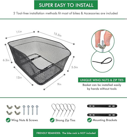 Rear Bike Basket, Tool-Free Install, Dog/Pet Carrier, Ebike Electric Bicycle Back Cargo Basket, Fits Most Rear Racks, with Waterproof Cover, Cargo Net