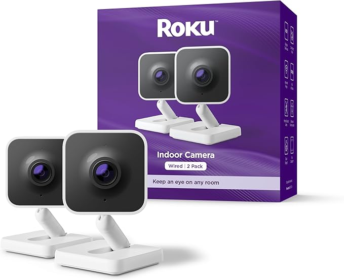 Roku Indoor Camera - Home Security - 2-Pack - Wired Security Camera &amp; Pet Monitor with 1080p HD Color Night Vision, Works with Alexa &amp; Google, Motion &amp; Sound Detection, WDR &amp; WiFi 6