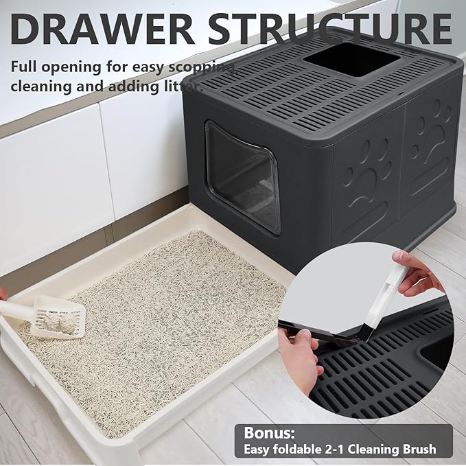 XL Foldable Cat Litter Box with Lid - Jumbo Enclosed Potty - Top Entry Anti-Splashing Toilet - Includes Scoop &amp; 2-in-1 Cleaning Brush (Black)