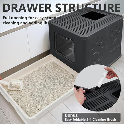 XL Foldable Cat Litter Box with Lid - Jumbo Enclosed Potty - Top Entry Anti-Splashing Toilet - Includes Scoop &amp; 2-in-1 Cleaning Brush (Black)