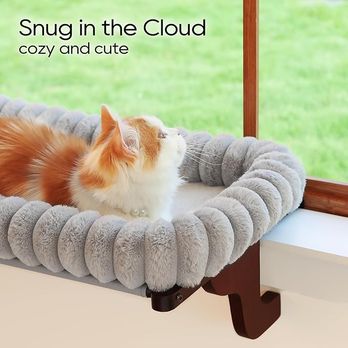 SnugCloud Cat Window Perch with 4-Sided Bolster - Orthopedic Cat Hammock for Window Sill - Solid Hardwood &amp; Metal Frame - Window Seat for Pets (Dark Stained Wood w/Gray Bed, Large)