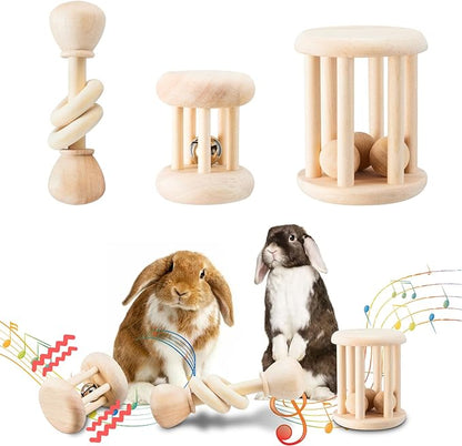 3 Pcs Wooden Bunny Toys - Safe Rabbit &amp; Guinea Pigs Teeth Grinding Toys for Chinchillas, Hamsters &amp; Small Animals - Indoor &amp; Outdoor