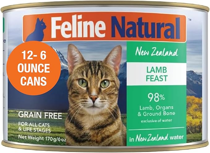 Feline Natural New Zealand Canned Catfood Wet Food, High-Meat, Low-Carb, &amp; Grain Free Cat Food Wet, Lamb Feast, 6 oz, Pack of 12