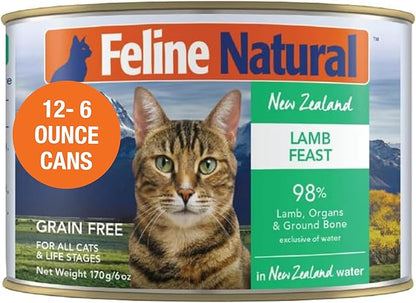 Feline Natural New Zealand Canned Catfood Wet Food, High-Meat, Low-Carb, &amp; Grain Free Cat Food Wet, Lamb Feast, 6 oz, Pack of 12