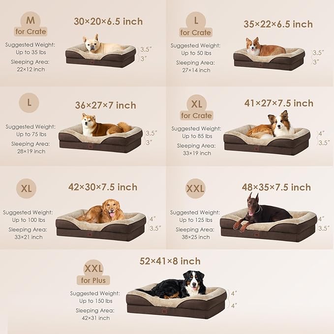 EHEYCIGA Memory Foam XXL Dog Bed for XLarge Sized, Extra Large Orthopedic Dog Sofa with Sides and Waterproof Liner, Washable Bolster Pet Couch with Removable Cover, 52x41x8 Inch, Brown