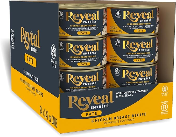 Reveal Entrées Natural Wet Cat Food Paté, Grain-Free with Added Vitamins &amp; Minerals, Carrageenan-Free Chicken Breast Paté Recipe (24 x 2.47 oz Cans)
