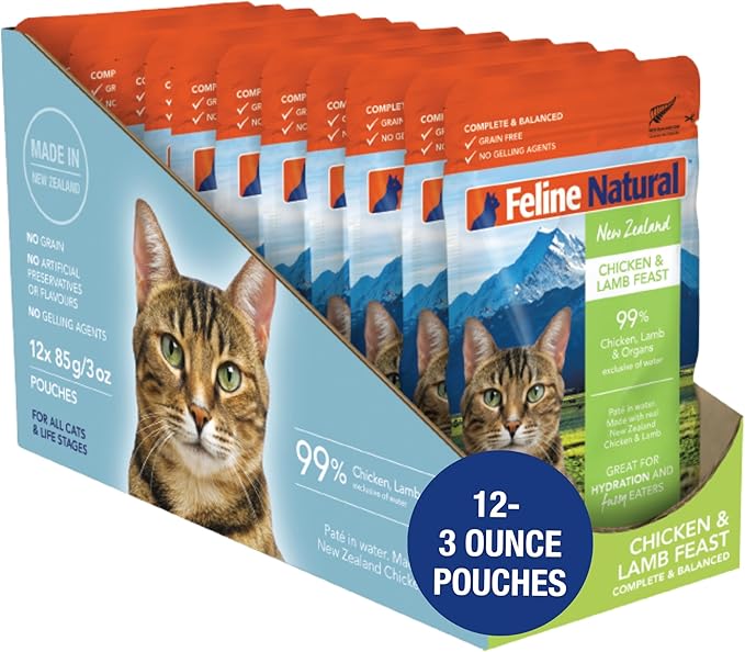 Feline Natural Wet Cat Food Pouch - Chicken &amp; Lamb Feast, Grain-Free, Cage-Free &amp; Grass-Fed, New Zealand Made, Single Serve Pate, 3oz, 12 Pack