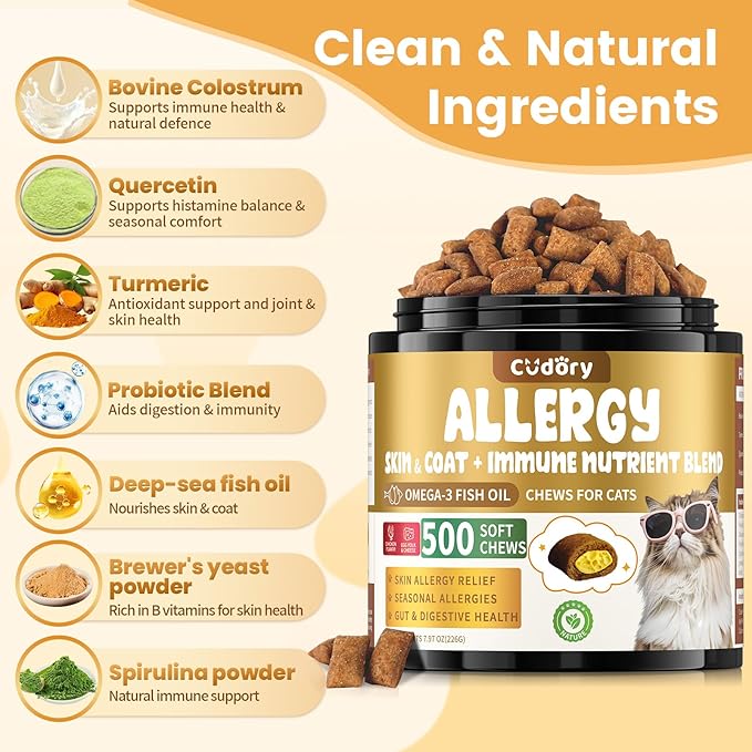 Cat Allergy Relief for Cats, Crunchy &amp; Creamy Chews for Immune &amp; Skin Coat Support – Seasonal Allergies, Itching Relief, Omega 3 &amp; Probiotic Natural Supplement for Cats, Chicken Flavor – 500 Chews