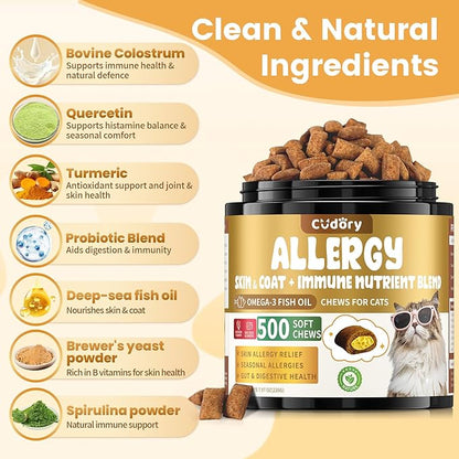 Cat Allergy Relief for Cats, Crunchy &amp; Creamy Chews for Immune &amp; Skin Coat Support – Seasonal Allergies, Itching Relief, Omega 3 &amp; Probiotic Natural Supplement for Cats, Chicken Flavor – 500 Chews