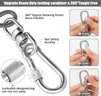 Jenico Dog Tie Out Cable - 10/15/20/30/40/50/70/100/150FT Runner Cable with Swivel Hook and Shock Spring, Leash Tether for Yard, Outdoor and Camping, Up to 500 LBS