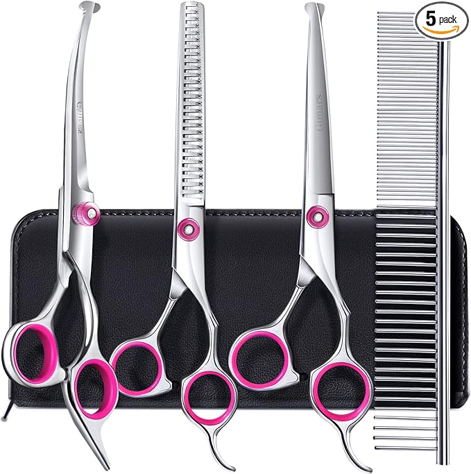 Gimars Dog Grooming Scissors Kit Professional 4CR with Safety Round Tip, 5 in 1 Heavy Duty Titanium Coated Thinning &amp; Curved &amp; Straight Shears