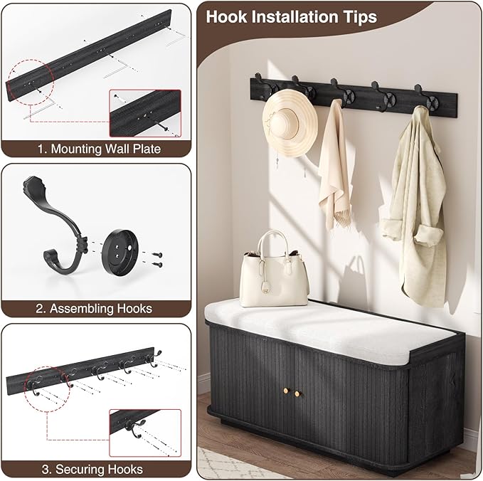 Dark Grey 39.4" W 2-Tier Shoe Bench with Storage | Entryway Bench with Padded Cushion, Sliding Doors &amp; 5 Hooks