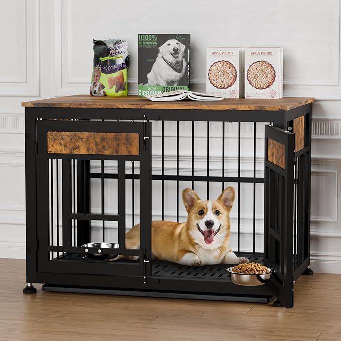Dog Crate Furniture End Table 38 Inch Hidden Kennel Cabinet with Removable Tray, Thickened Metal Frame Dog Cage, Dual-Purpose Pet House &amp; Nightstand for Living Room