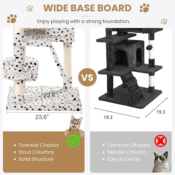 SHA CERLIN 65in Larger Cat Tree Tower Condo for Indoor Kitties/Multi-Level Furniture Activity Center with Wide Base/Cozy Plush Perches/Baskets/Sisal Scratching Posts and Hammock/White &amp; Black Spot