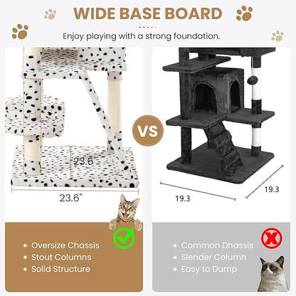 SHA CERLIN 65in Larger Cat Tree Tower Condo for Indoor Kitties/Multi-Level Furniture Activity Center with Wide Base/Cozy Plush Perches/Baskets/Sisal Scratching Posts and Hammock/White &amp; Black Spot