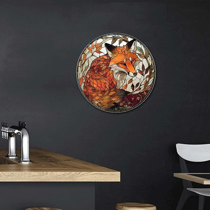 Lygond Metal Sign Tin Sign Circular Stained Glass Red Fox2 Gardening Sign for Yard 8×8 Inches