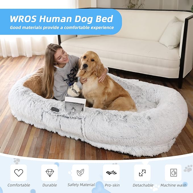 Human Dog Bed - 71"x45"x12" Fits You &amp; Pets, Washable Faux Fur, Orthopedic, Plump Pillow, Blanket, Strap - Grey