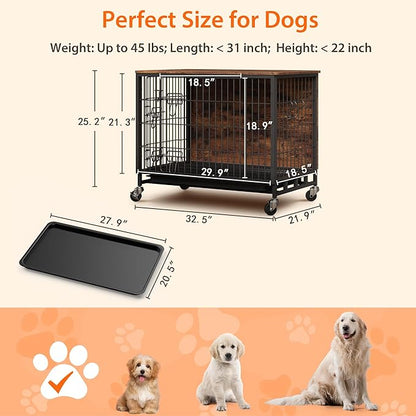 Dog Crate Furniture, 32.5" Wooden Dog Crate Furniture Side End Table, Indoor Kennel with Double Doors, Dog Crates for Medium Dogs, Rustic Brown