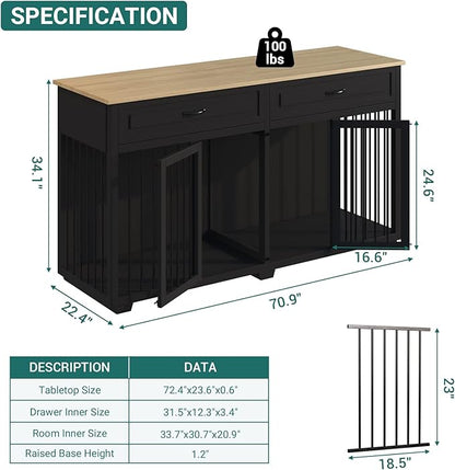 Large Dog Crate with Double Rooms, 72" Heavy Duty Wooden Dog Cage Furniutre Dog Crate Kennel w/Drawers &amp; Removable Divider,Indoor Luxury Dog House for Large Dogs,Black