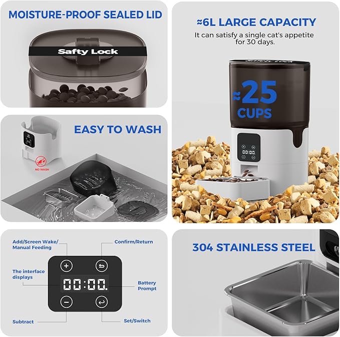 PAPIFEED 6L Automatic Cat &amp; Small Dog Feeder - Programmable Pet Feeder with 36 Daily Meals, Detachable Stainless Steel Bowl, 25 Cup Capacity Smart Food Dispenser for Easy Cleaning