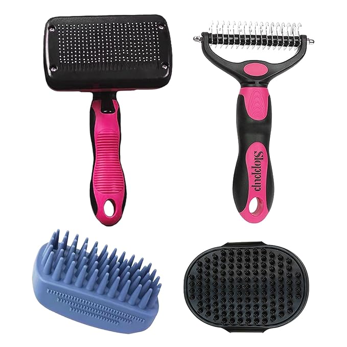 Dog Brush Kit for Grooming Short &amp; Long Haired Dogs &amp; Cats, 4-in-1 Pet Grooming Set with Self-Cleaning Slicker Brush, Deshedding Tool, Shampoo Bath Comb, Massge Comb (Pink Black)