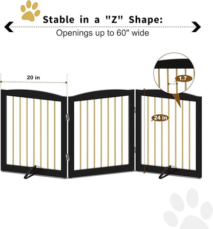 Freestanding Pet Gate for Dogs, Foldable Wooden Dog Gate for House, Indoor Dog Gate for Doorways, Stairs, Step Over Pet Puppy Safety Fence, Support Feet Included,24" Height 3 Panels,Black&amp;Gold