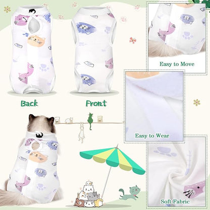 Nuanchu 3 Pieces Cat Recovery Suit Kitten Recovery Suit E-Collar Alternative for Cats and Dogs Abdominal Skin Anti Licking Pajama Clothes Sets(Cute Pattern,Large)