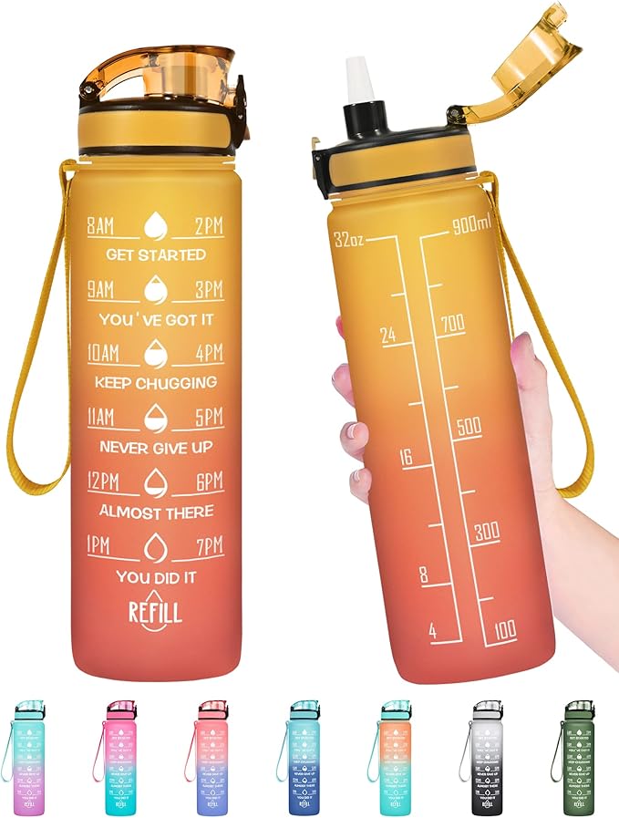 Enerbone Water Bottle, Leakproof BPA &amp; Toxic Free, Motivational Water Bottle with Times to Drink and Straw, Fitness Sports Water Bottle with Strap for Office, Gym, Outdoor Sports