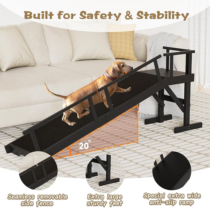 61" Dog Ramp for Bed, Pet Ramp with Removable Side Rail and Non-Slip Surface, Pet Ramp for Small &amp; Large &amp; Senior Dogs with Rest Platform and DIY Glow Strips,Dog Stairs for Couch,Black