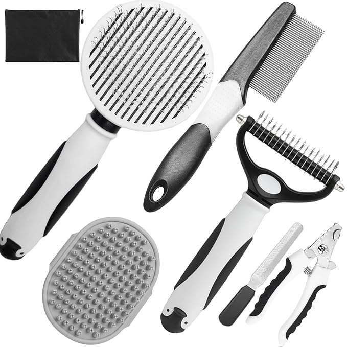 Dog Brush for Shedding, 7 PCS Dog Grooming Brush Kit, Undercoat Rake, Slicker Brush, Deshedding Comb, Bath Brush, Nail Clipper for Long &amp; Short Haired Dogs &amp; Cats, Black