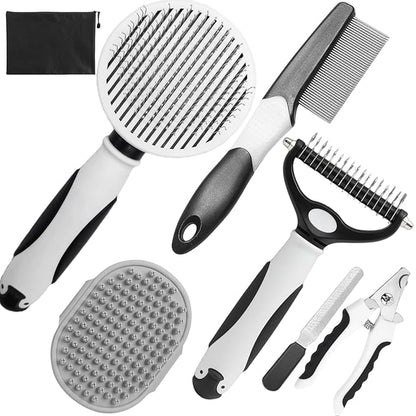 Dog Brush for Shedding, 7 PCS Dog Grooming Brush Kit, Undercoat Rake, Slicker Brush, Deshedding Comb, Bath Brush, Nail Clipper for Long &amp; Short Haired Dogs &amp; Cats, Black