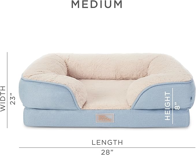 TOWN &amp; COUNTRY EVERYDAY CuddleTown Comfy Solid Bolster Sofa Pet Bed, Supportive &amp; Calming Egg Crate Foam, Non-Slip Bottom, Machine Washable Cover, Blue, Medium 28"x23"x8"