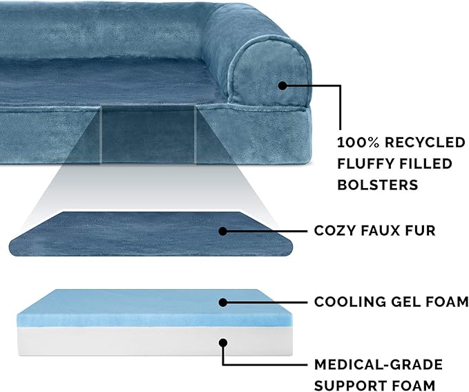 Furhaven Cooling Gel Dog Bed for Medium/Small Dogs w/ Removable Bolsters &amp; Washable Cover, For Dogs Up to 35 lbs - Faux Fur &amp; Velvet Sofa - Harbor Blue, Medium