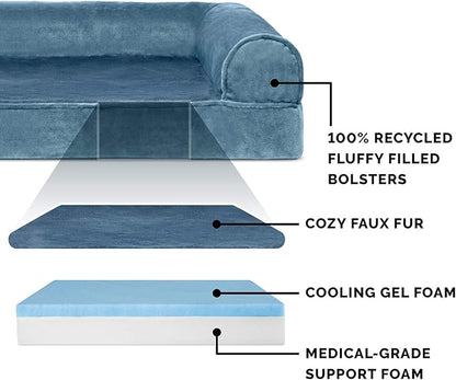 Furhaven Cooling Gel Dog Bed for Medium/Small Dogs w/ Removable Bolsters &amp; Washable Cover, For Dogs Up to 35 lbs - Faux Fur &amp; Velvet Sofa - Harbor Blue, Medium