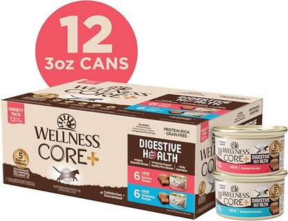 Wellness CORE+ Digestive Health Pate Adult Wet Cat Food, Natural, Protein-Rich, Grain Free, 3 Ounce, 12 Pack (Salmon &amp; Whitefish Variety Pack)