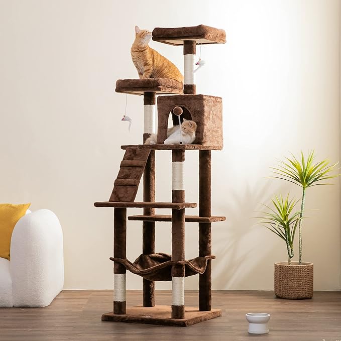 MWPO 70.1-Inch Large Cat Tree, Multi-Level Tall Cat Tower for Indoor Cats, Plush Cat Condo with Big Padded Perches, Sisal-Covered Scratching Posts, Hammock, Toys for Kittens &amp; Cats - Brown