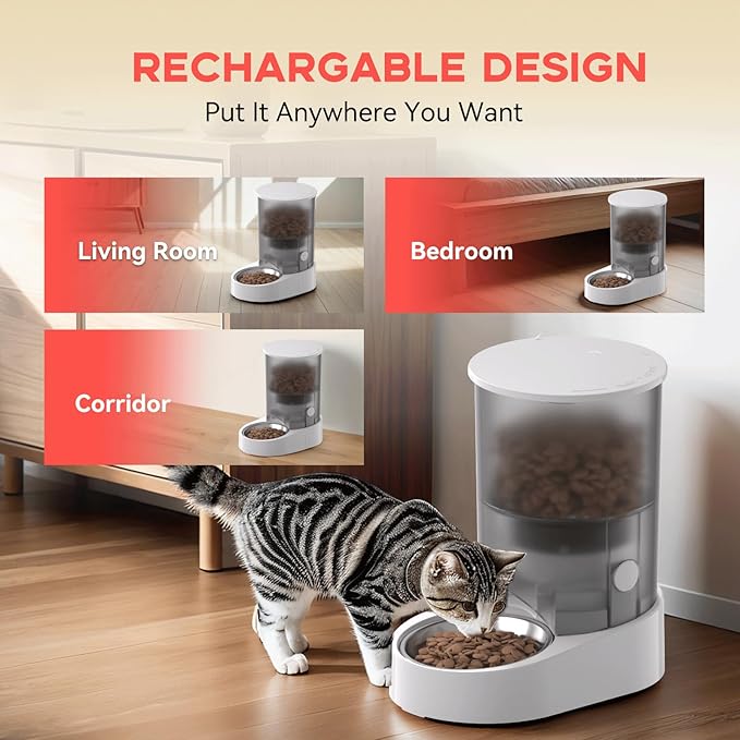 PAPIFEED Automatic Cat Feeder, 4L Auto Dog Cat Feeder with Rechargeable Battery &amp; Dual-Band WiFi (2.4G &amp; 5G), Automatic Pet Food Dispenser for Outdoor Travel Home - Ceramic Bowl Included