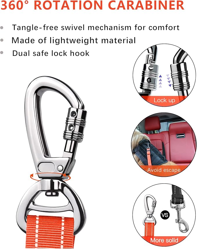 AUBELL Dog Seat Belt for Car,Updated 3-in-1 Adjustable Reflective Bungee Heavy Duty Dog Car Harness Tether with Clip Hook Latch &amp; Buckle,Swivel Zinc Alloy Carabiner,Orange