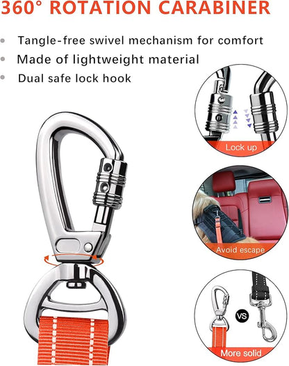 AUBELL Dog Seat Belt for Car,Updated 3-in-1 Adjustable Reflective Bungee Heavy Duty Dog Car Harness Tether with Clip Hook Latch &amp; Buckle,Swivel Zinc Alloy Carabiner,Orange