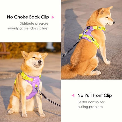 PHOEPET No Pull Dog Harness, Unique Colors Reflective Adjustable Dog Vest, with Soft Training Handle Metal Clips for Small Medium Large Dogs (Baby Purple Base &amp; Yellow Straps,L)