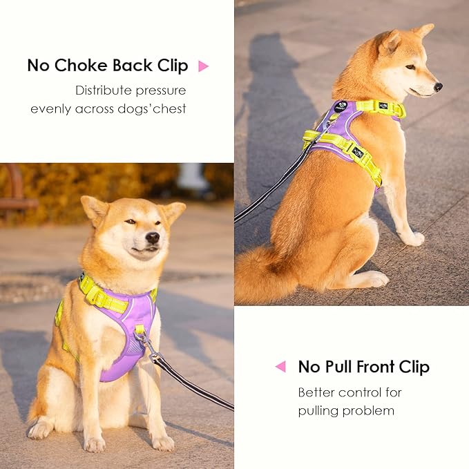 PHOEPET No Pull Dog Harness, Unique Colors Reflective Adjustable Dog Vest, with Soft Training Handle Metal Clips for Small Medium Large Dogs (Baby Purple Base &amp; Yellow Straps,XL)
