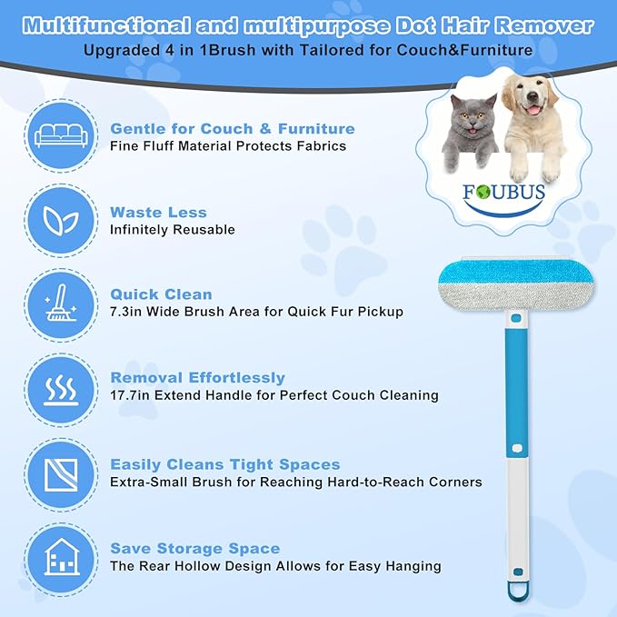 Multifunctional Pet Hair Remover Tool, 4 in 1-Reusable Washable Long Handle Dog&amp;Cat Fur Hair Remover for Furniture,Carpet,Couch,Clothes,Bedding,Car,Window,Better Than Lint Rollers, with 2 Scrapers